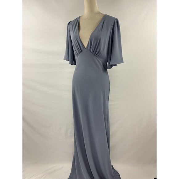 Jenny Yoo Bridesmaid Dress Maxi Pebbled Crepe Chambray Blue Grey 10 Sheer - Picture 1 of 10
